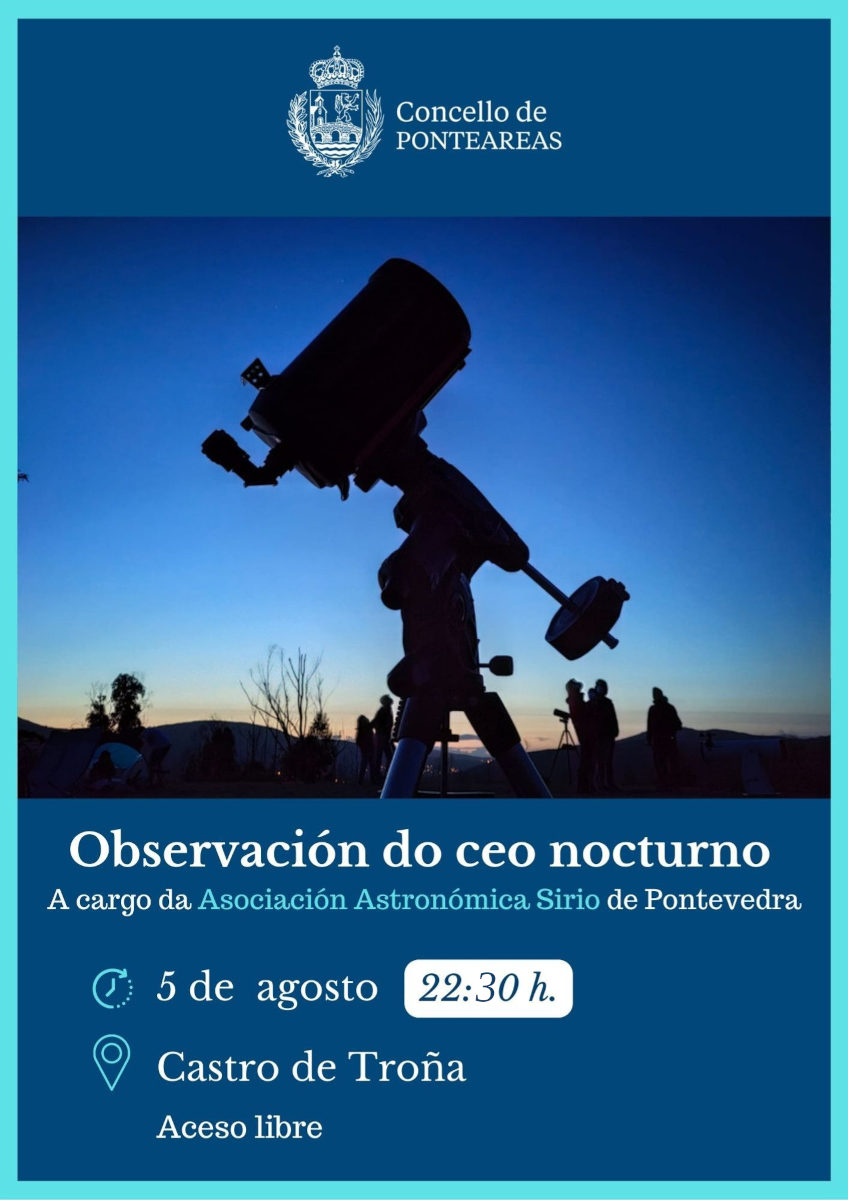Silueta de telescopio contra o ceo despois do solpor, co escudo do concello arriba e datos do evento abaixo