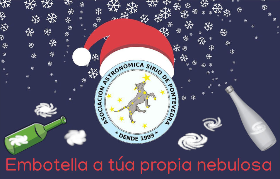 Logotipo de Sirio con gorro de Santa Claus, baixo cristais de neve e sobre nebulosas embotelladas e sen embotellar.